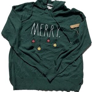 Rae Dunn Green 'Merry' Womens Hooded Sweater with Ornament Design size XL